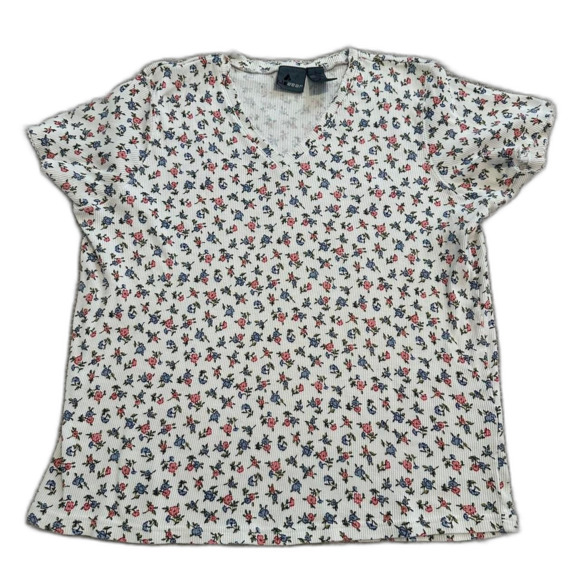 90s liz claiborne floral print cotton spring easter ribbed casual top - Picture 1 of 8